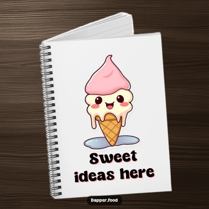 Funny Kawaii ice cream notebook featuring a cute cone character melting with sheer happiness.