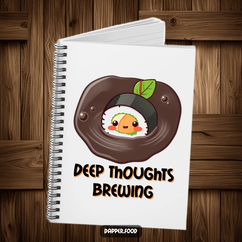 Funny Kawaii sushi notebook featuring a cute sushi roll character happily swimming across the cover in soy sauce.