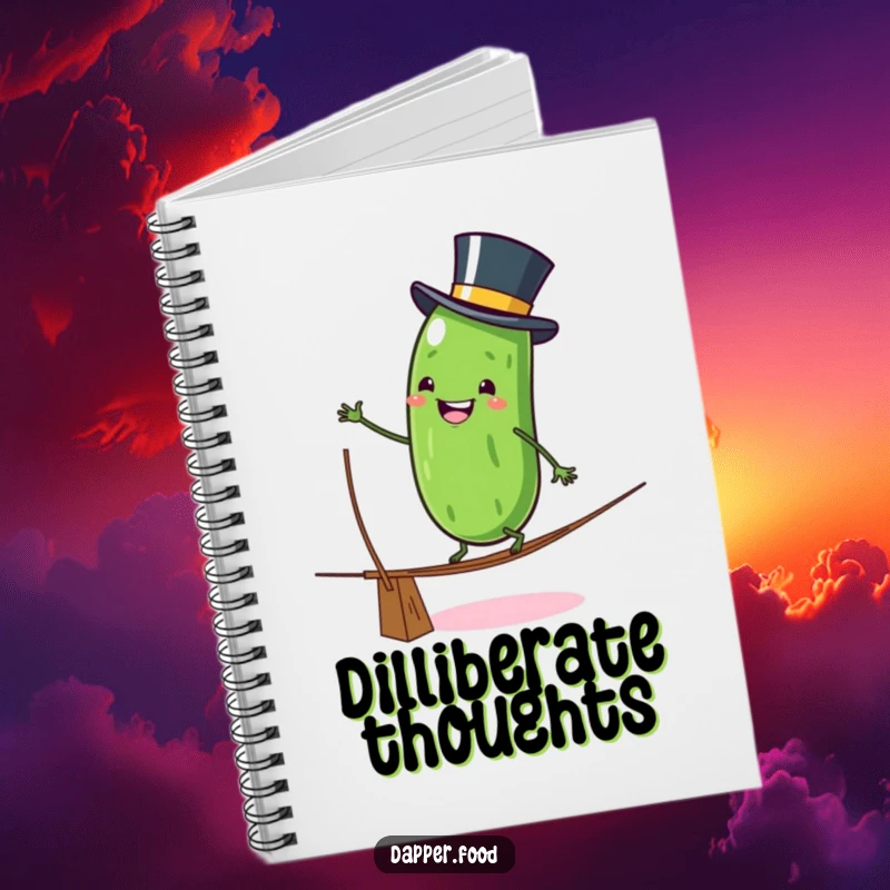 Funny Notebook: Grinning anthropomorphic pickle character wearing a top hat, wobbling on a tightrope, on the cover of a journal for brave ideas.