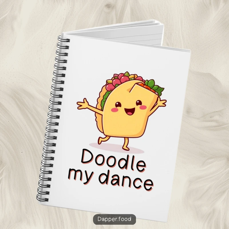 Funny notebook cover featuring a happy taco dancing salsa with a cheerful burrito, inspiring creative and festive entries.
