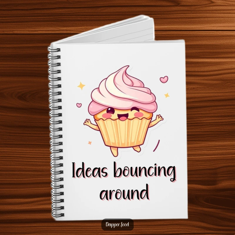 Funny Notebook: A cheerful anthropomorphic cupcake character bouncing exuberantly, frosting flying, on the cover of a journal for creative ideas.