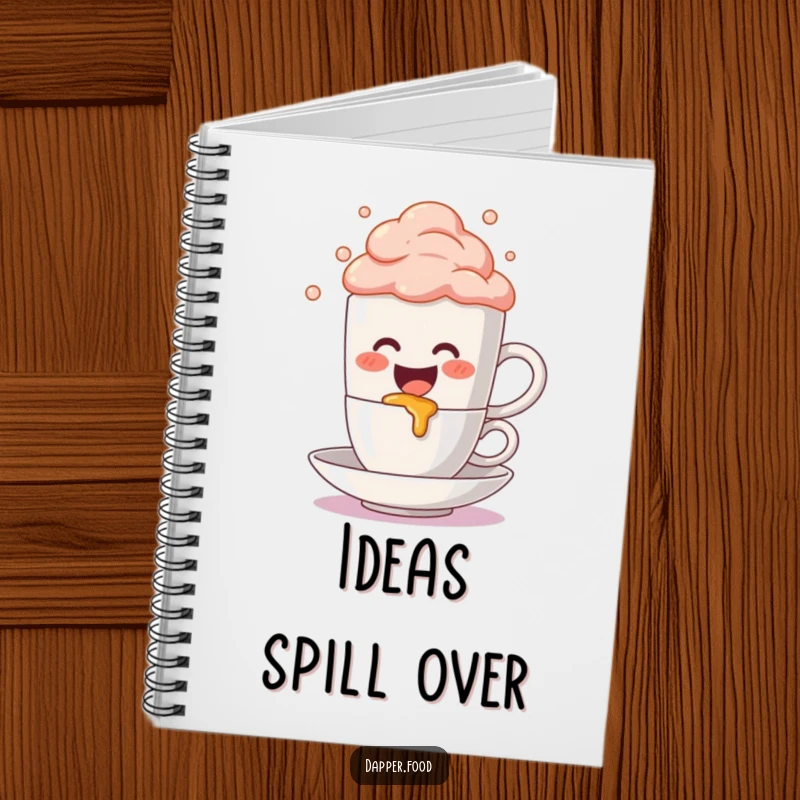 Funny Notebook: Cute anthropomorphic coffee mug character gleefully spilling bubbly foam, on the cover of a journal for creative coffee lovers.