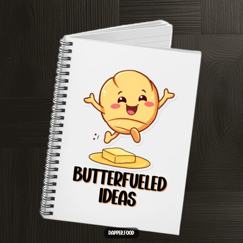 Funny croissant notebook, a happy pastry character leaping over butter, perfect for notes and doodles, ideal funny gift.