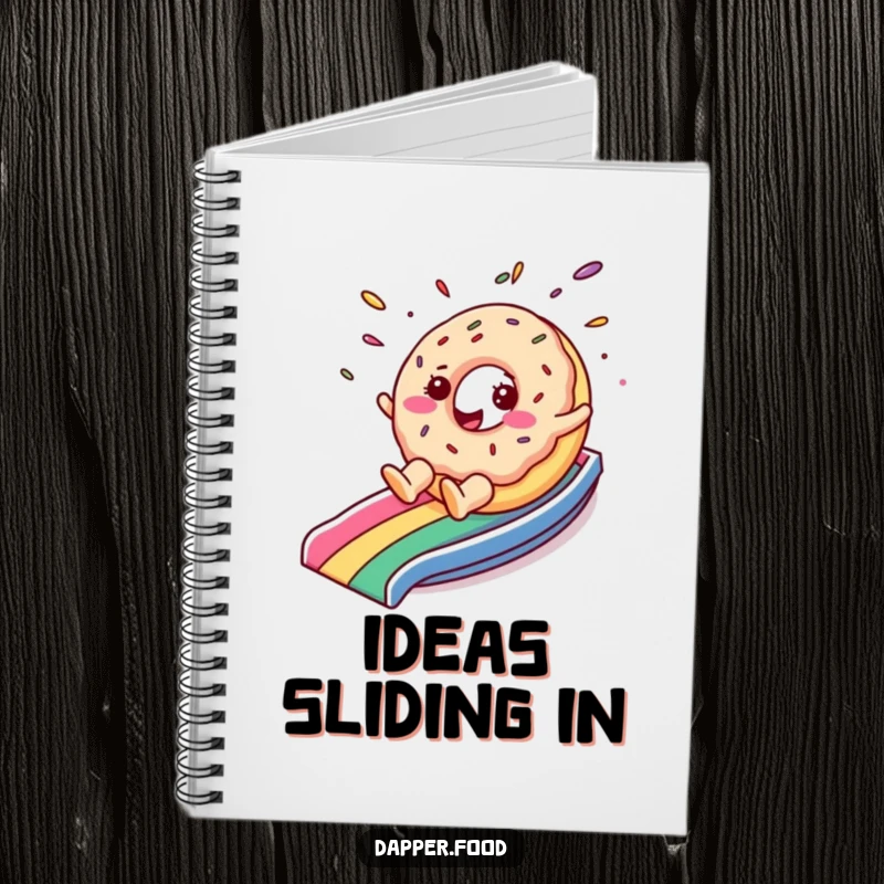 Funny notebook with a cheerful donut character with sprinkles flying as it slides down a rainbow, perfect for happy notes.