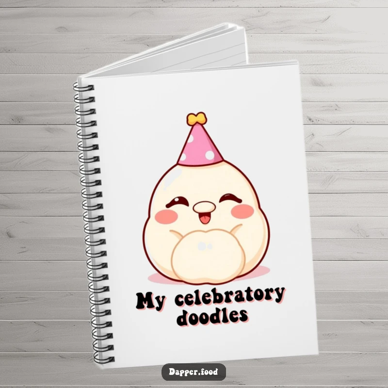 Funny dumpling notebook, a cheerful, winking bun with a party hat, perfect for jotting down party ideas.
