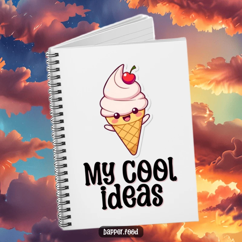 Funny notebook with a happy ice cream cone character with a cherry topping sliding, ideal for jotting down fun ideas.