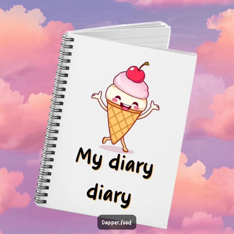Funny ice cream cone jig notebook, featuring a happy ice cream character with a cherry doing a jig, ready for your notes. A unique funny gift.