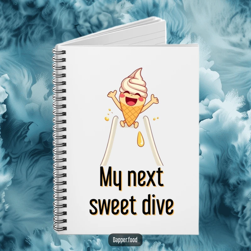 Funny Notebook: A laughing ice cream cone with arms slides down a syrup slide, symbolizing a fun journey for ideas.