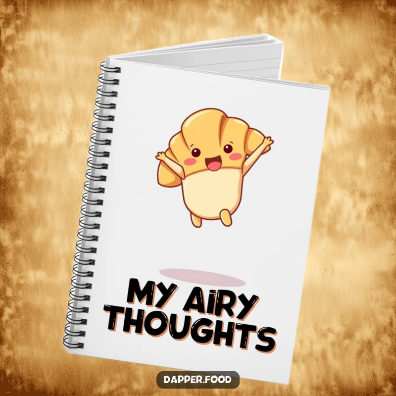 Funny Kawaii croissant character doing a cartwheel in mid-air, gracing the cover of a notebook.