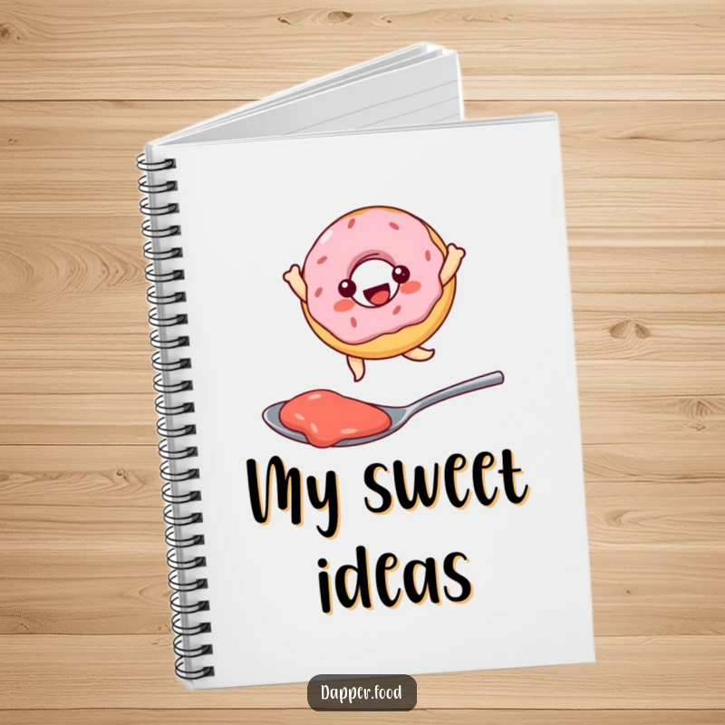 Funny Kawaii donut character joyfully leaping over a spoonful of jam, a humorous notebook for jotting down ideas.