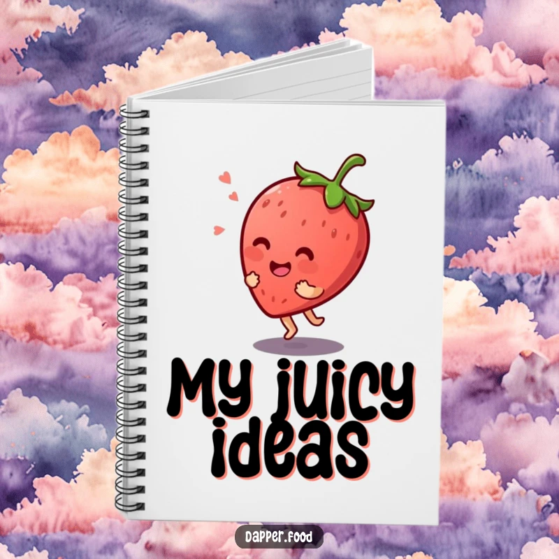 Funny Kawaii strawberry character giggling while bouncing on its stem, gracing the cover of a notebook.