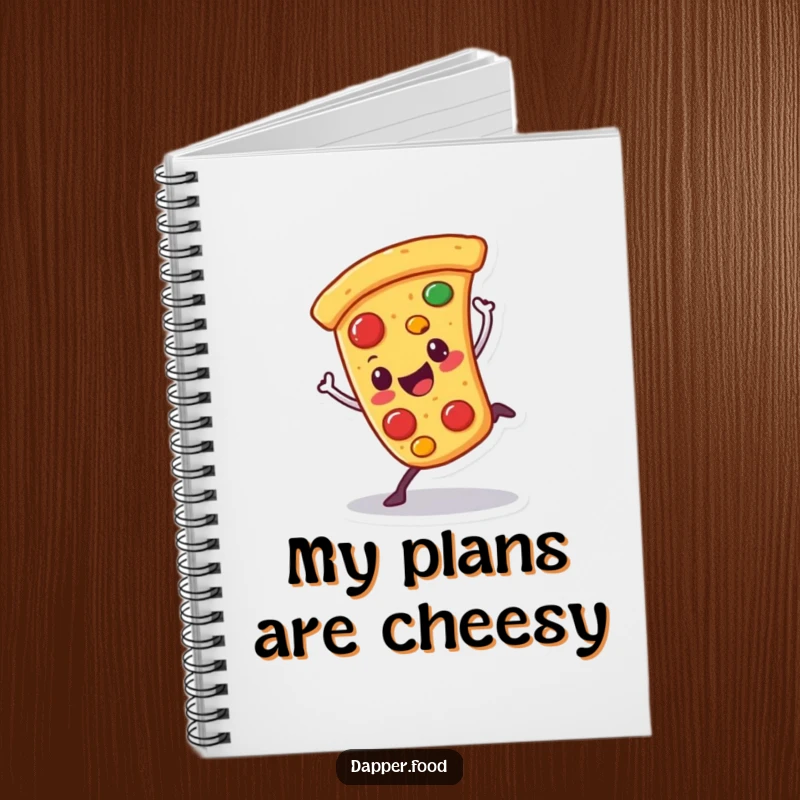 Funny notebook with a happy pizza character doing a cartwheel with wobbling toppings, perfect for funny notes.