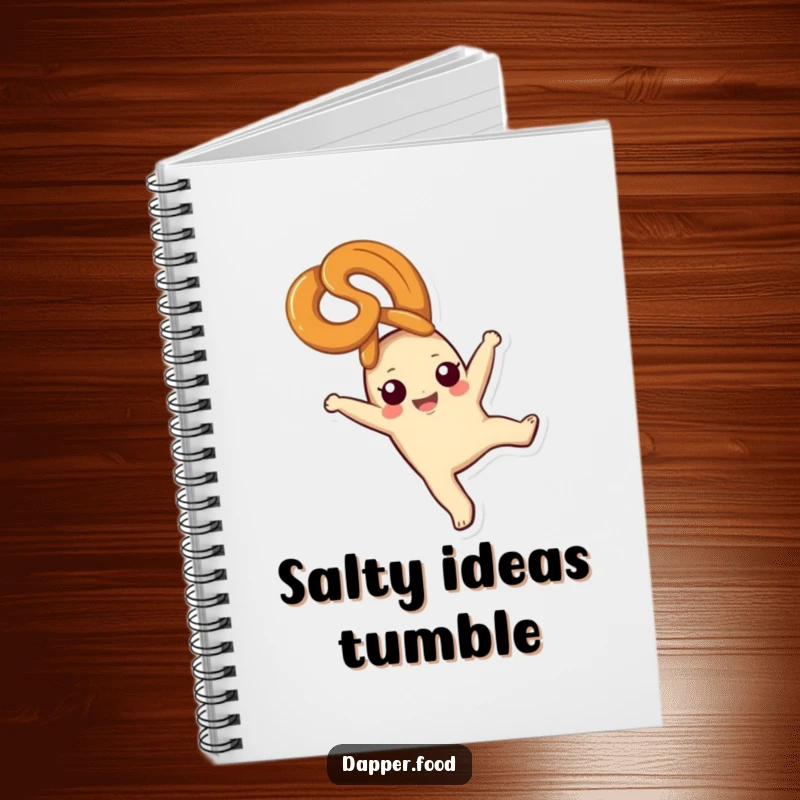 Funny pretzel notebook, a happy snack character cartwheeling with bliss, perfect for notes and doodles, ideal funny gift.