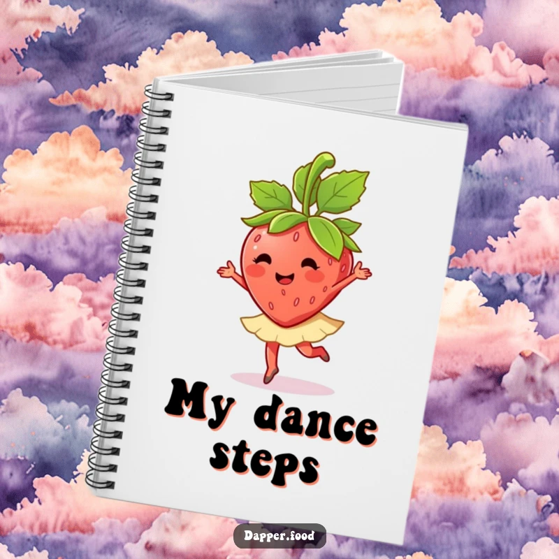 Funny anthropomorphic strawberry character performing a ballet twirl with its leaves on a notebook, for creative minds.