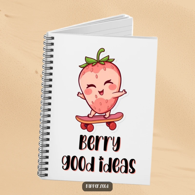 Funny strawberry notebook with a winking strawberry character riding a tiny skateboard, perfect for notes and creative endeavors.