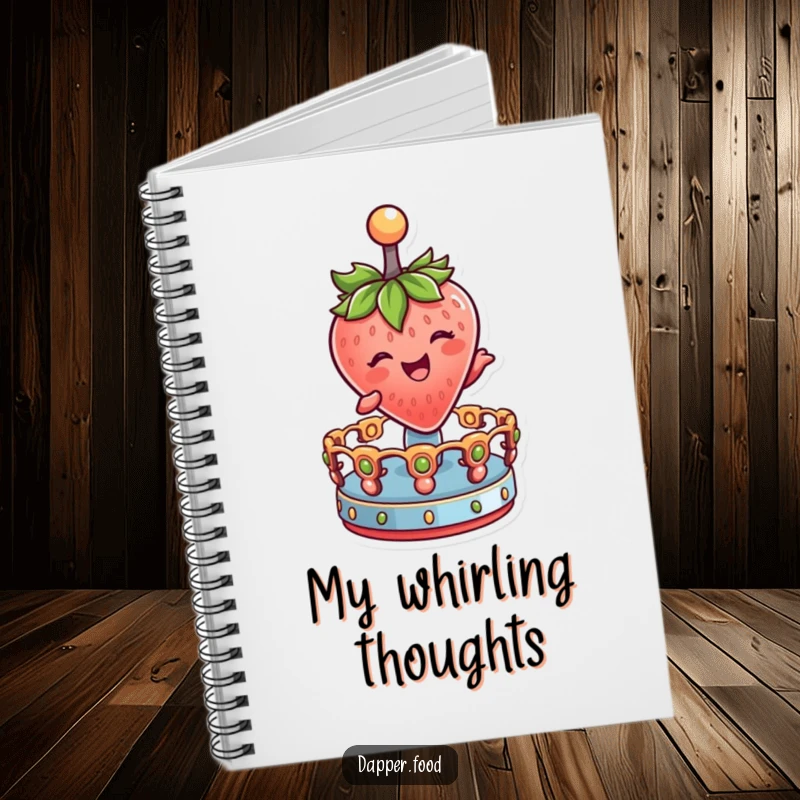 Funny Notebook cover with a delighted strawberry character winking and joyfully spinning on a miniature merry-go-round.