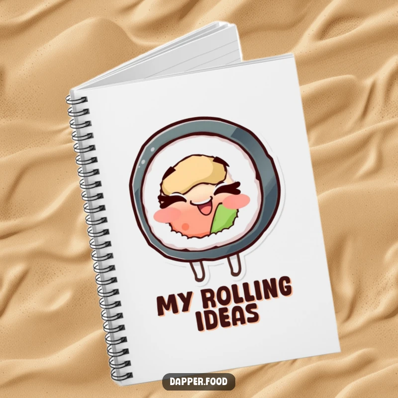 Funny notebook with a cheerful sushi roll character spinning happily with eyes closed, inspiring delicious ideas.