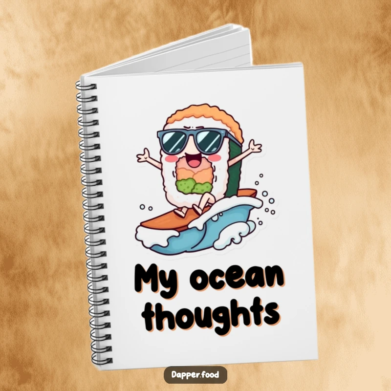 Funny Notebook cover with a cheerful sushi roll character, sunglasses on, riding a wave, ready for notes.
