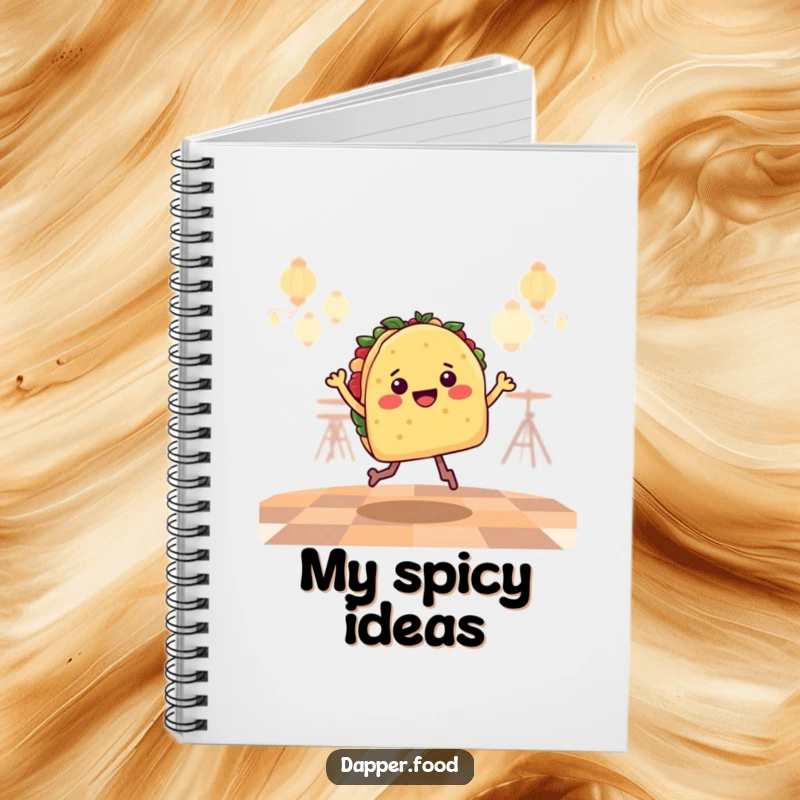 Funny Notebook cover with a happy taco character performing a salsa jig, perfect for capturing creative thoughts.