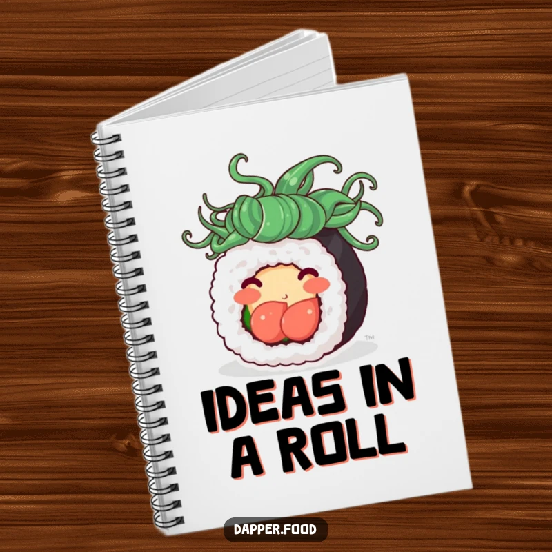 Funny notebook cover with a happy sushi roll with flowing seaweed hair, spinning with delight, designed to inspire creative and playful notes.