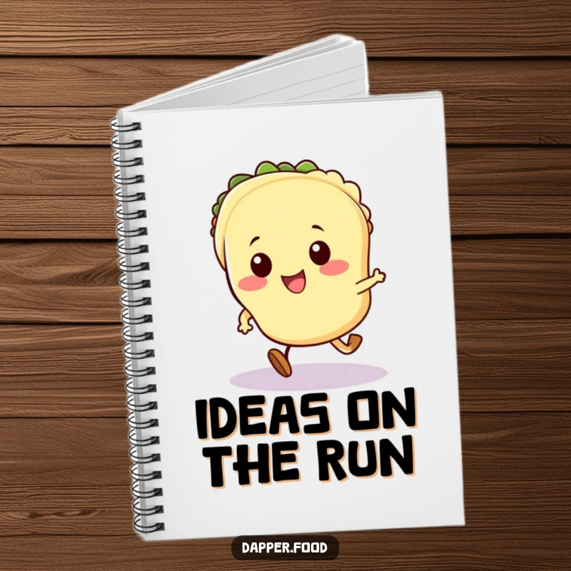 Funny Kawaii taco notebook featuring a cute taco character with tiny legs running productively across the cover.