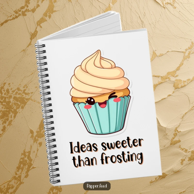 Funny notebook with a cheeky winking cupcake, tilted frosting, perfect for jotting down sweet thoughts.