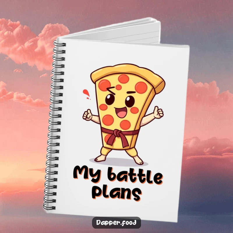 Funny Kawaii pizza slice character performing a karate chop, gracing the cover of a notebook.