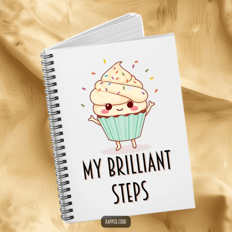 Funny Kawaii cupcake notebook featuring a cute character dancing with sprinkles flying.