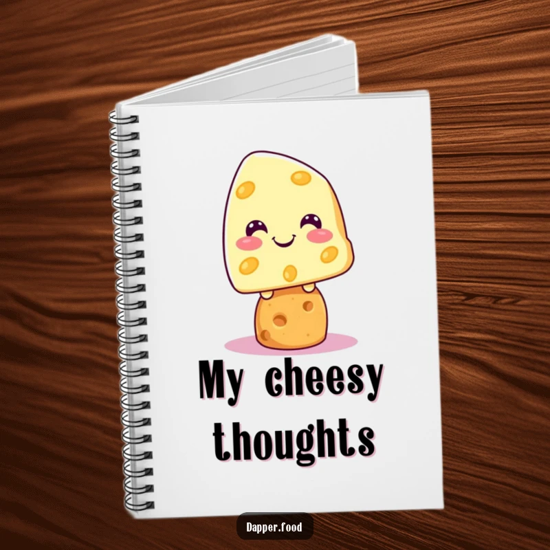 Funny Kawaii cheese character grinning on a cracker, gracing the cover of a notebook, ideal for journaling.