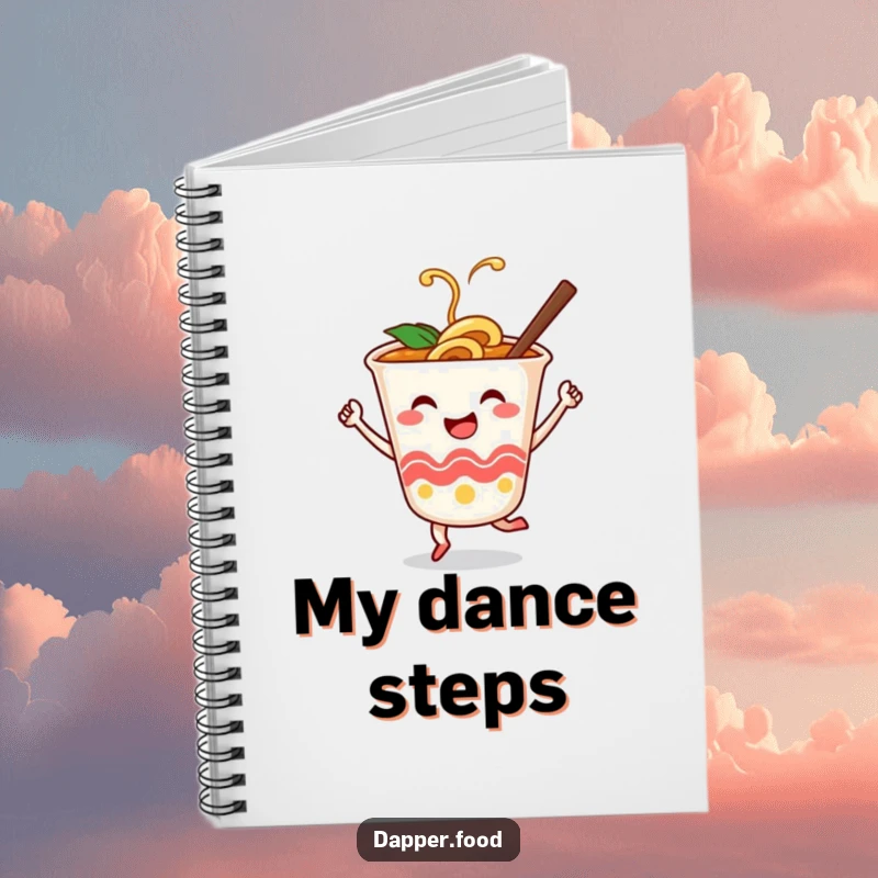 Funny notebook cover with a smiling ramen cup character dancing with chopsticks, encouraging creative writing.