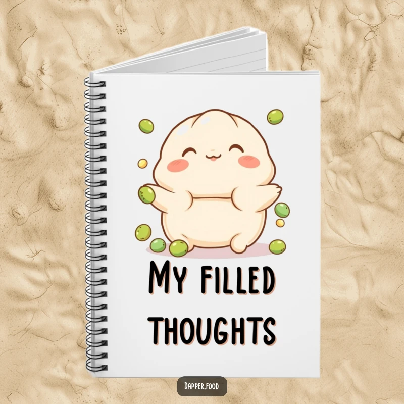 Funny notebook with a playful, rosy-cheeked dumpling character juggling small peas, ideal for jotting down cute ideas.