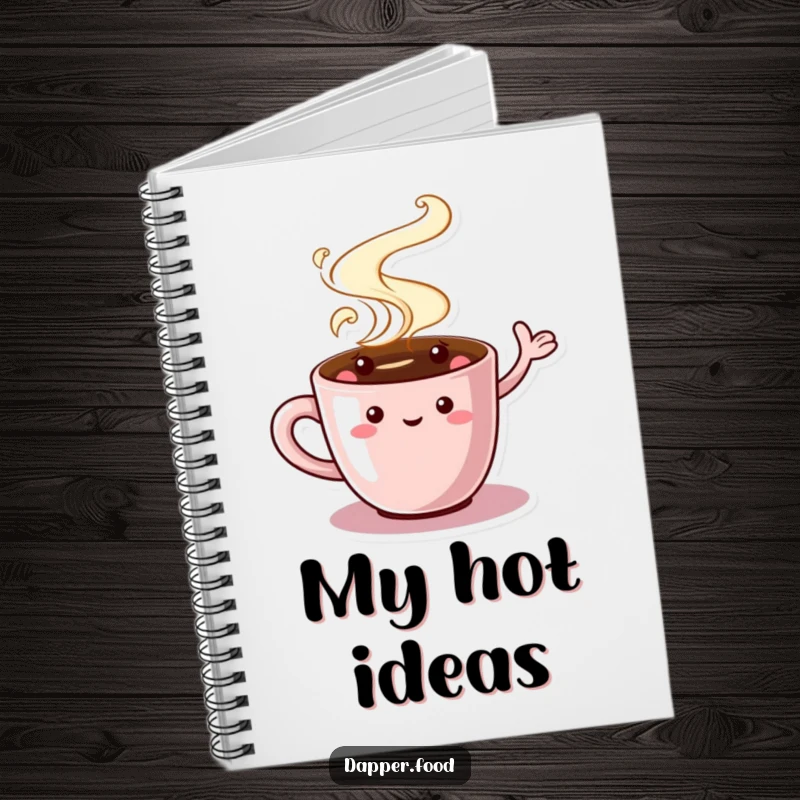 Funny Coffee Cup Notebook featuring a charming character with swirling steam, waving, perfect for jotting down bright ideas with a smile.