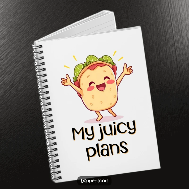 Funny notebook cover featuring a cheerful taco doing a joyful victory dance with lime wedges, inspiring creativity.