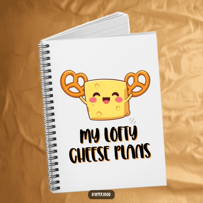 Funny cheese notebook, a delighted wedge using pretzel wings to fly, perfect for jotting down funny ideas.