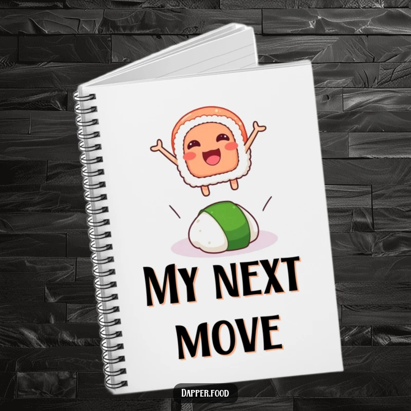 Funny notebook cover featuring a smiling sushi slice joyfully leaping over a rogue wasabi dollop for artistic expression.