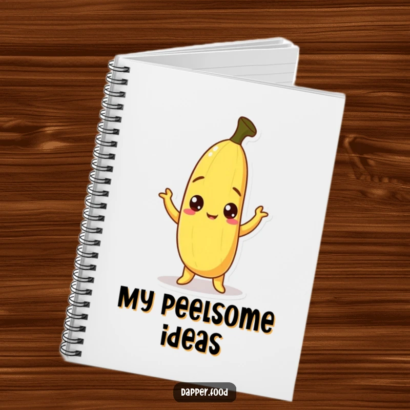 Funny Banana Notebook featuring a curious banana character with peel askew, striking a humorous pose, perfect for jotting down funny thoughts.