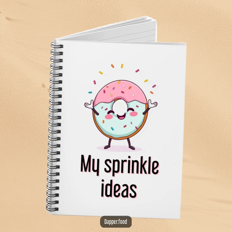 Funny donut notebook with a cheerful donut character juggling sprinkles, perfect for notes and creative endeavors.