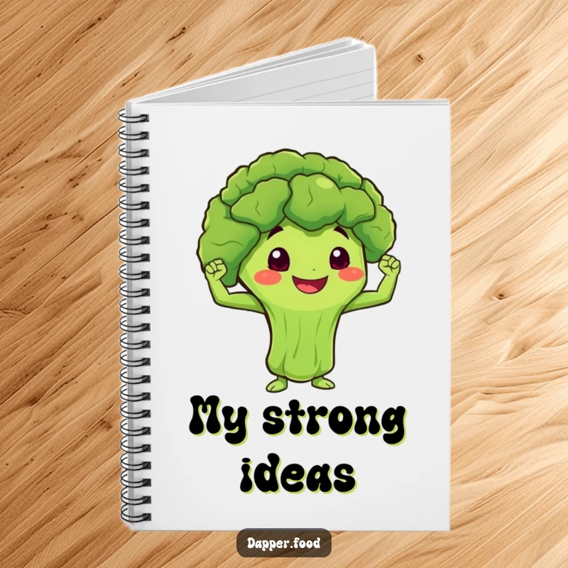 Funny Notebook cover with a smiling broccoli character flexing miniature muscles, perfect for fitness notes.