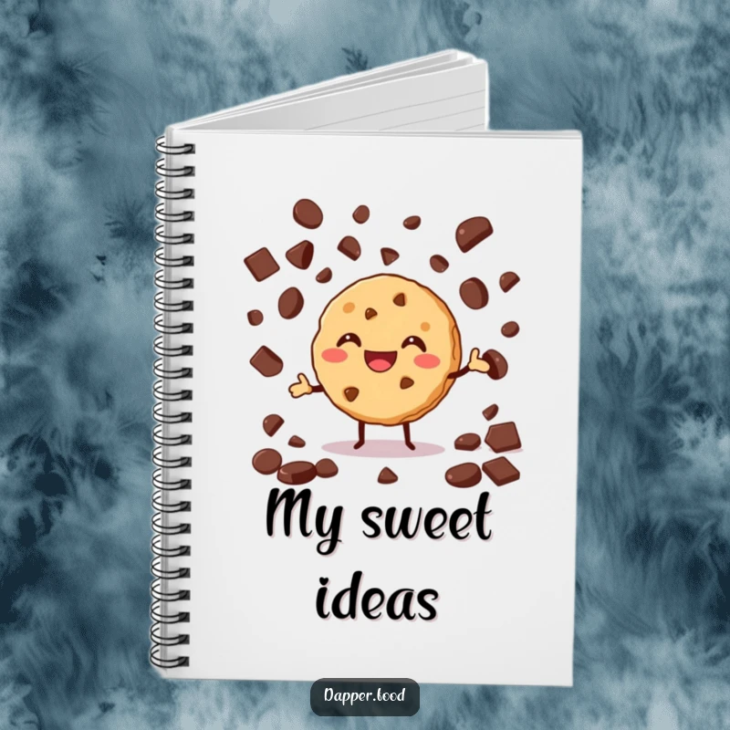 Funny notebook cover featuring a grinning cookie enthusiastically juggling chocolate chips, inspiring sweet thoughts.