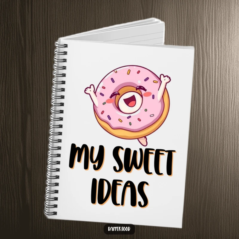 Funny notebook with a delighted donut character with sprinkles doing a mid-air flip, inspiring sweet notes.