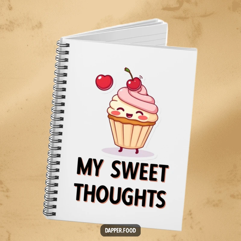 Funny notebook cover showcasing a blushing cupcake character playfully tossing a cherry, inspiring sweet ideas.