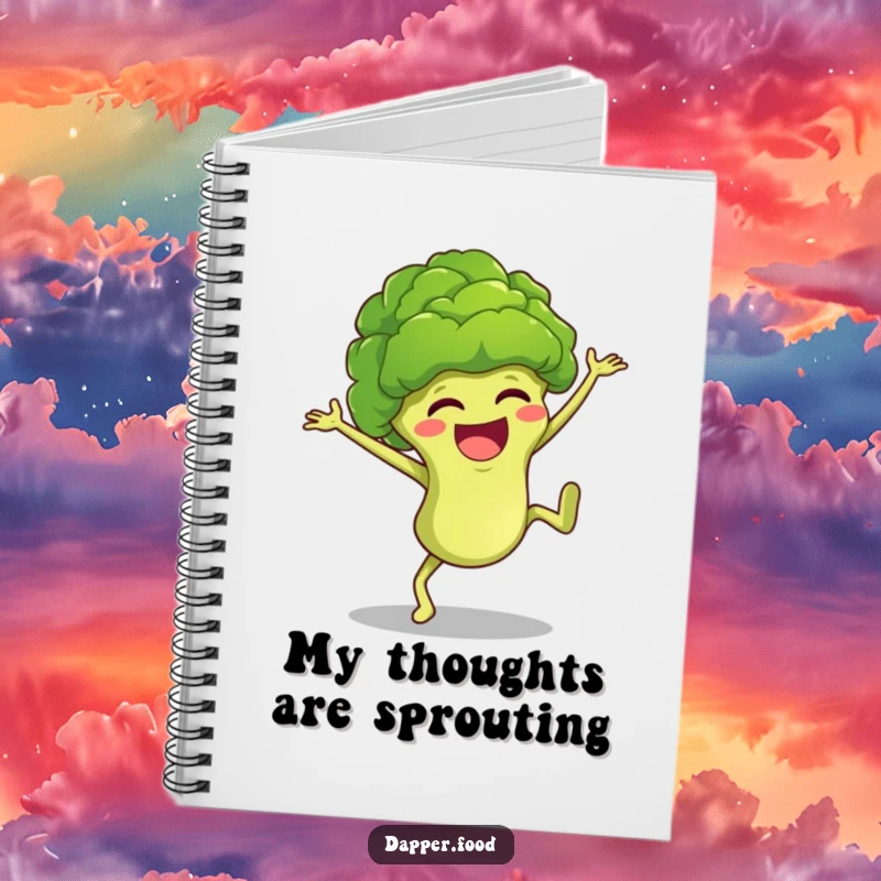 Funny broccoli character captured mid-cartwheel on a notebook cover, inviting humorous thoughts and creative writing.