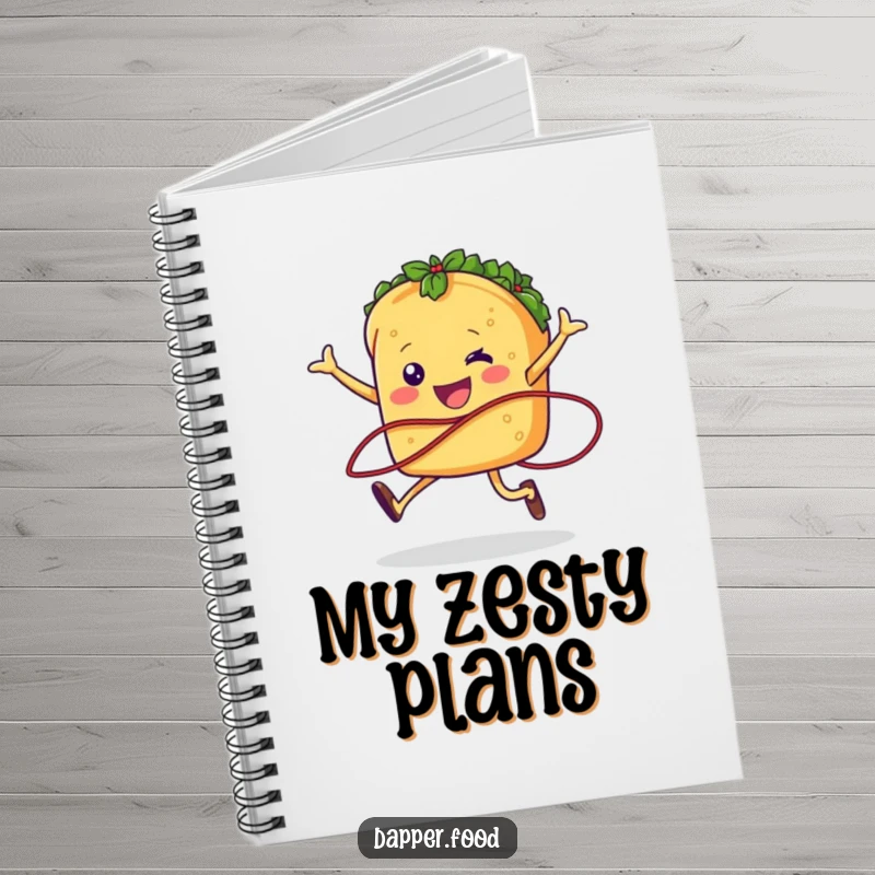 Funny taco character jumping rope on a notebook cover, encouraging energetic and humorous writing.