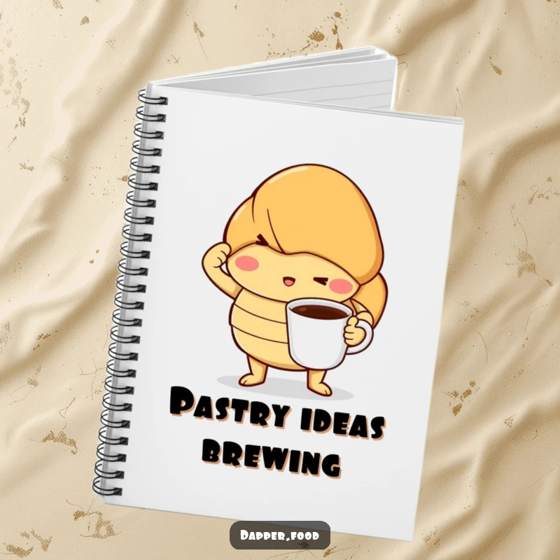 Funny notebook cover with a determined croissant striking a dramatic pose with a tiny coffee cup, designed to inspire bold thoughts and notes.