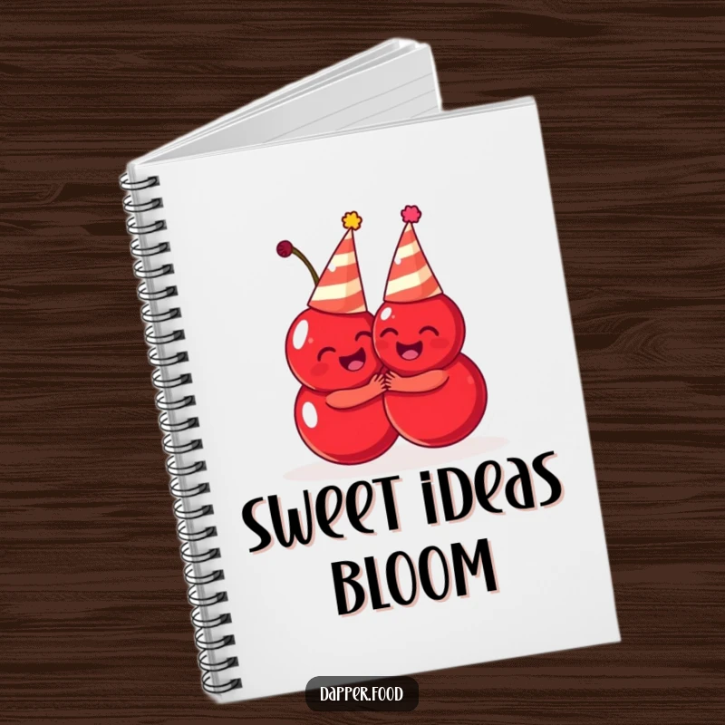 Funny cherries notebook, adorable fruit characters in party hats hugging, perfect for notes and doodles, ideal funny gift.