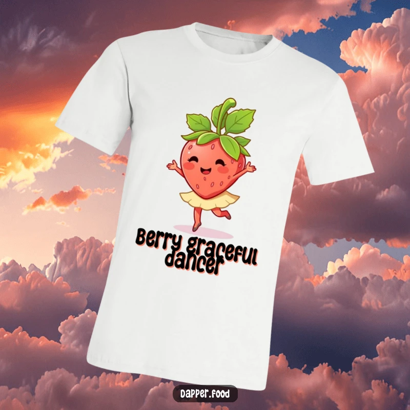 A happy strawberry character performs a ballet twirl with its leaves, captured on this funny t-shirt.