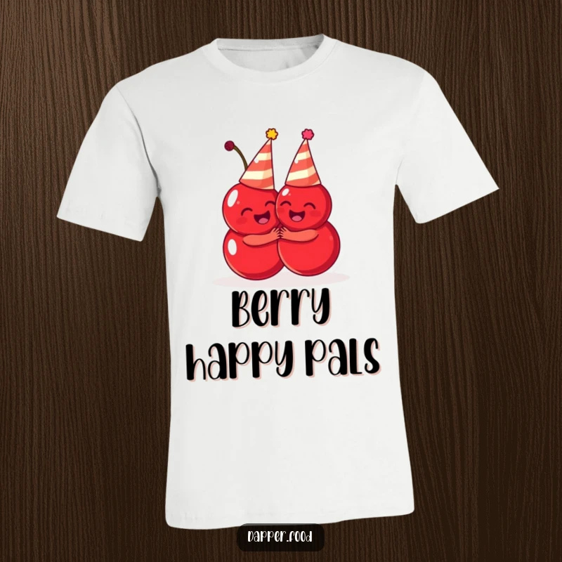 Funny cherries t-shirt, a pair of delighted cherries wearing party hats, sharing a sweet hug, great funny gift.