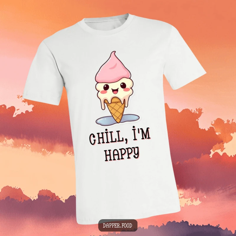 Funny Kawaii ice cream t-shirt showing a cute cone character melting happily.