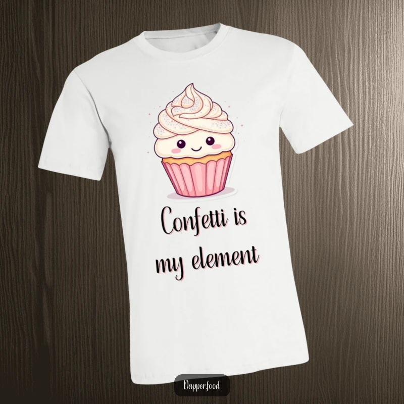 Funny cupcake t-shirt with swirling frosting hair and confetti shower, depicting a joyful and energetic character celebration.