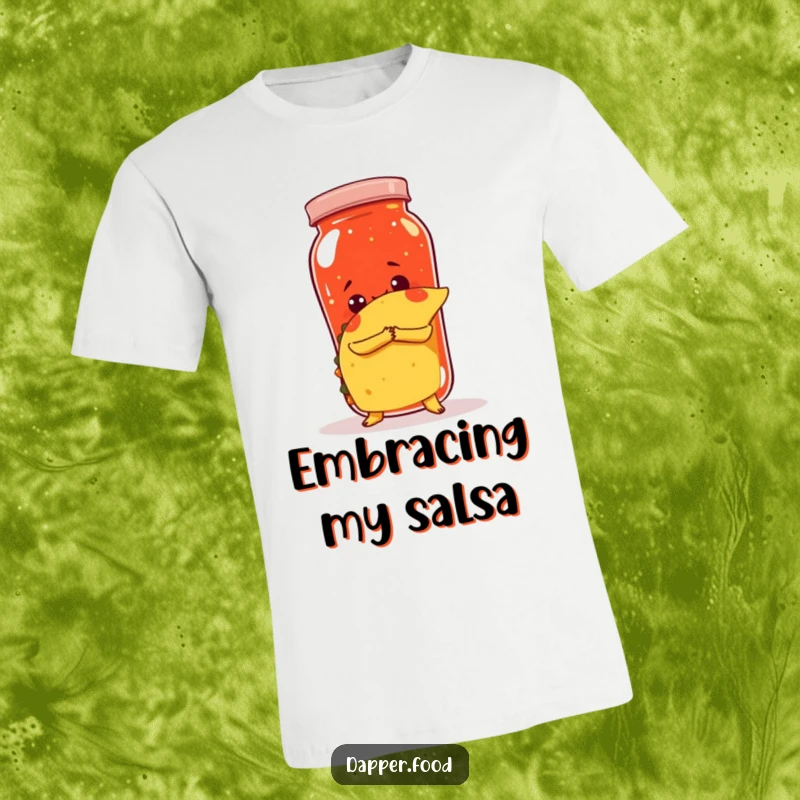 Funny t-shirt with a taco attempting to hug a giant jar of salsa, depicting a cute and humorous food interaction.